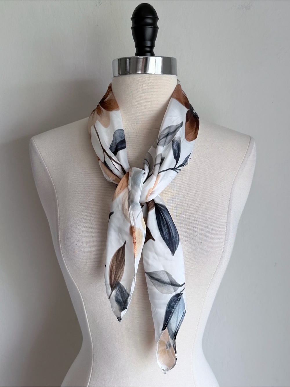 Silky Square Scarf Floral Watercolor Print Warm Golden, Gray, Green on White